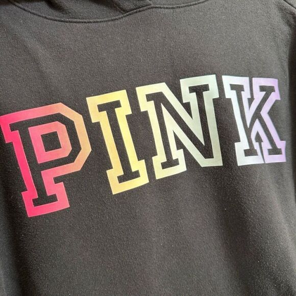 PINK Victorias Secret Black Pastel Rainbow Logo Pullover Hoodie Sweater XS/S - Picture 3 of 4